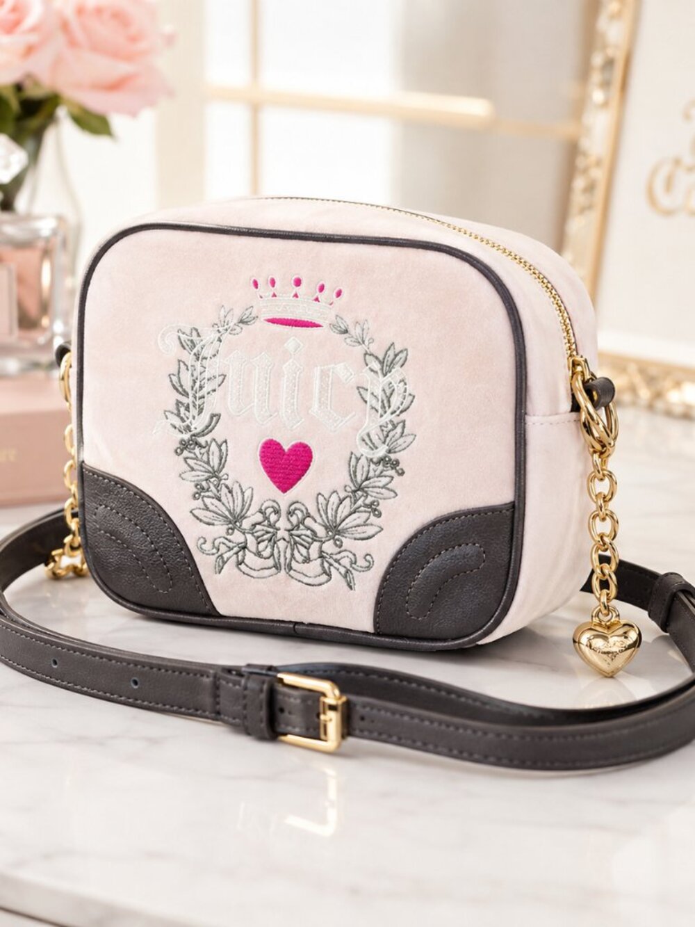 Juicy Couture Heritage Pink Velour Crossbody Bag Powder Blush NWT